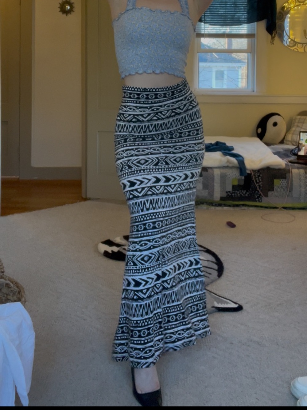 Charlotte Russe Black & White Tribal Maxi Skirt Y2K Slimming High Waist Slit